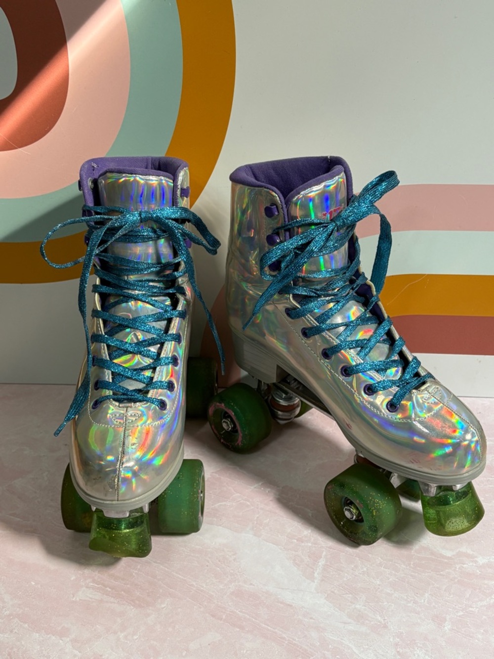 Impala Holographic Roller Skates with Teal Laces - 8 women